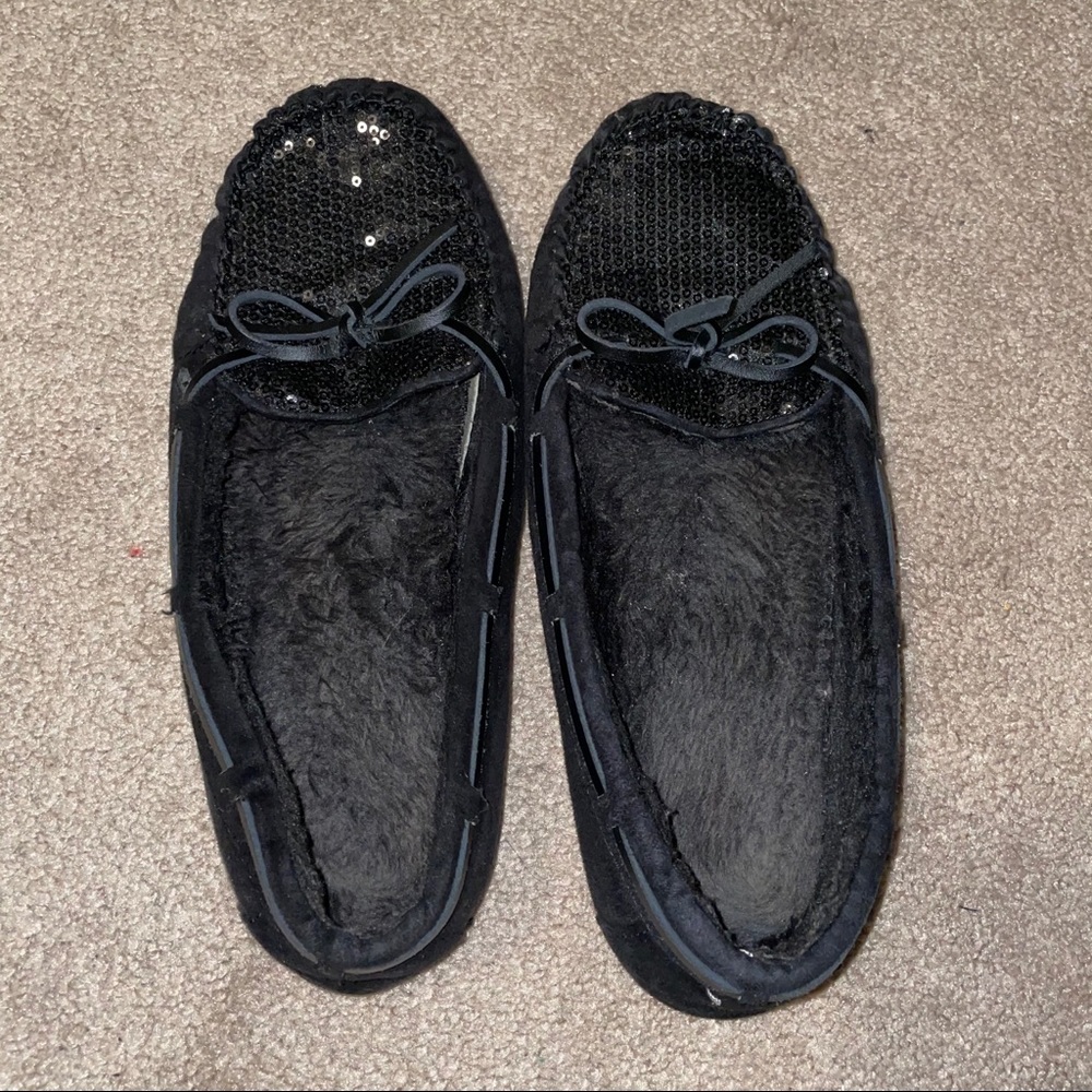 Black sequin moccasins